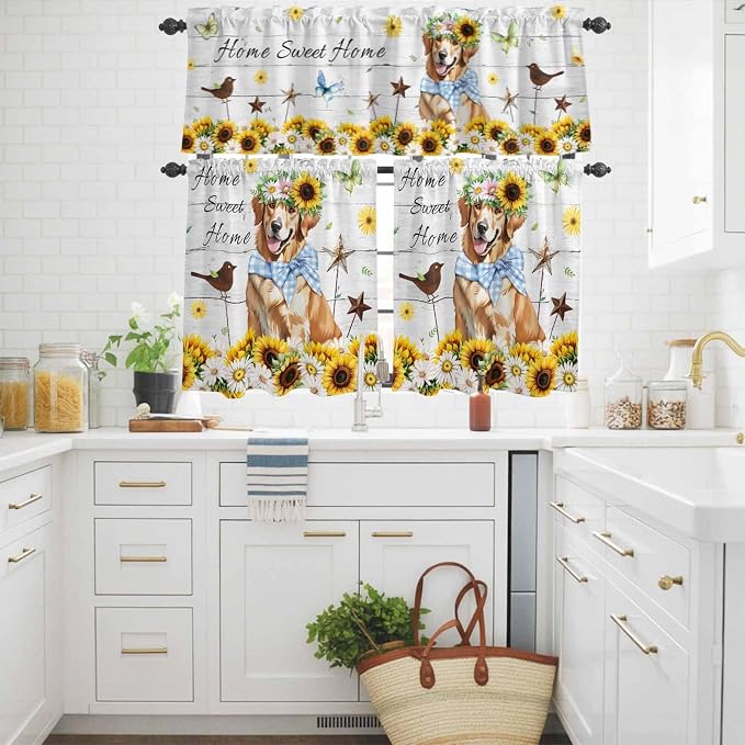 Kitchen Curtains Tiers and Valance Set of 3, Sunflowers Dog Light Filtering