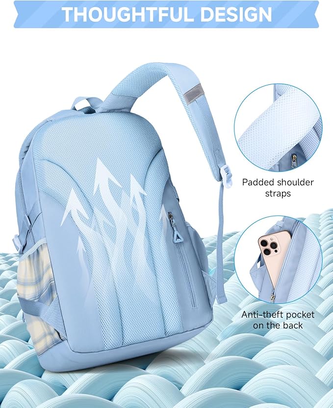 Girls Backpack with Lunch Box 3Pcs, Waterproof School Bag Set for Teen Elementary Middle School, Multi-Pocket Laptop Bookbag Lightweight, Blue