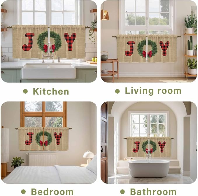 Red Green Christmas Kitchen Tier Curtains 36 Inch Long 2 Panel Set, Rod Pocket