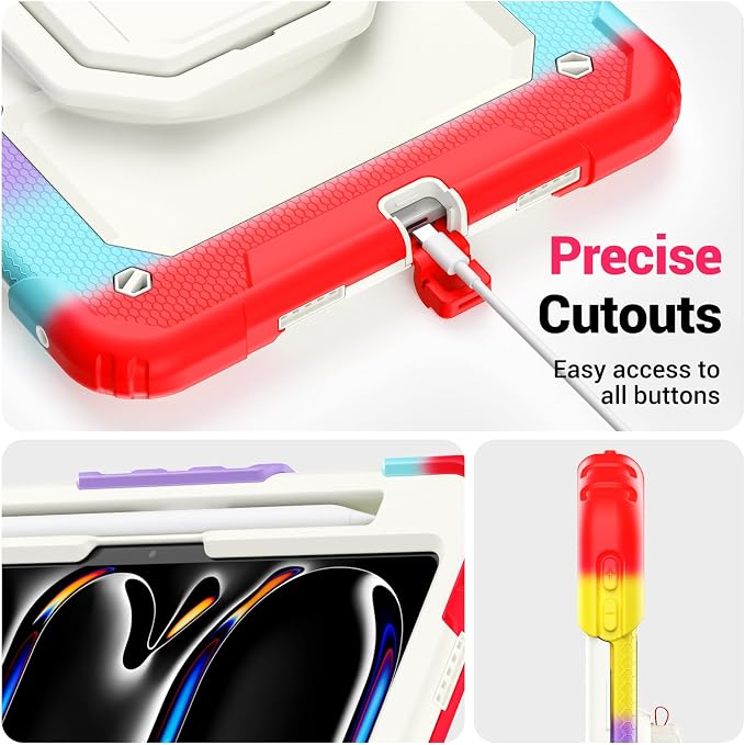 for iPad Pro 11 inch Protective Case M5 2025/M4 2024: Heavy Duty Shockproof Case with Pencil Holder - 360°Rotating Handle/Stand - Screen Protector - Shoulder Strap Black/Sky Blue