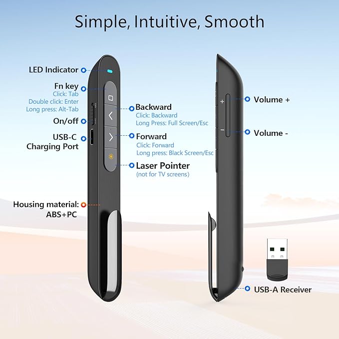 Norwii Rechargeable Bluetooth Presentation Clicker, Wireless Presenter, PowerPoint Presentation Remote with Pointer, Slide Clicker with 328ft Range for Teacher and Presenter, macOS Applicable