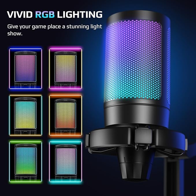 Fifine USB Microphone for PC Gaming, Computer Desktop Streaming Microphone with Mute Button, Gain Knob for Video Podcast, RGB Mic for PS4/PS5, Laptop A6NEO