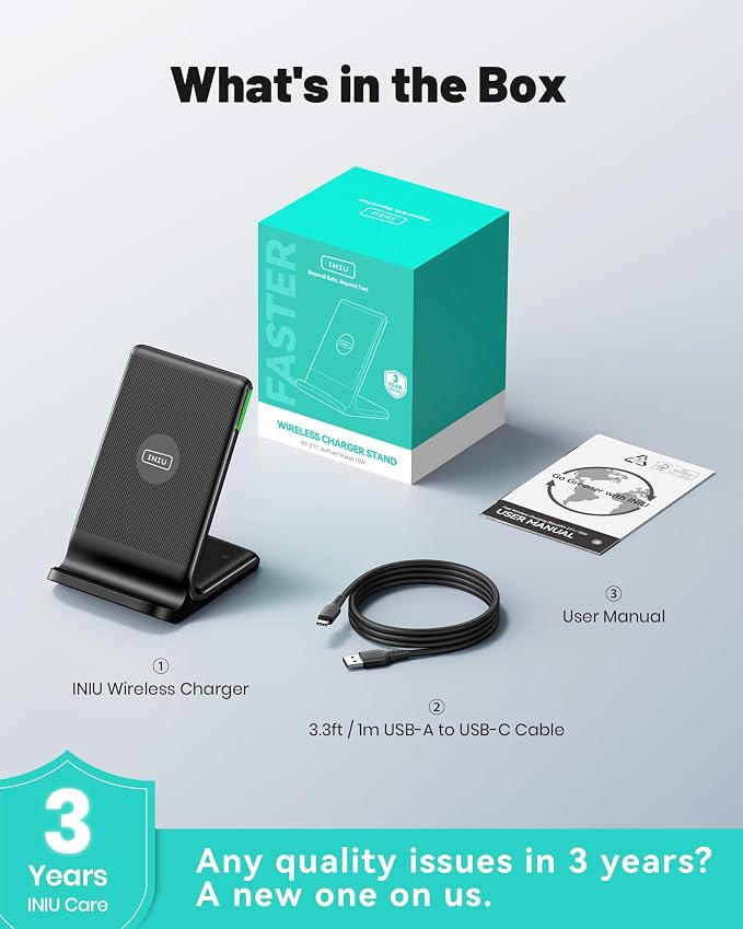 INIU Wireless Charger 15W Fast Wireless Charging Phone Station with LED | Sleep-Friendly Adaptive Light Exclusive Temp°Guard Wireless Charging Station for iPhone 17 16 Pro Max Samsung S25 S24 etc