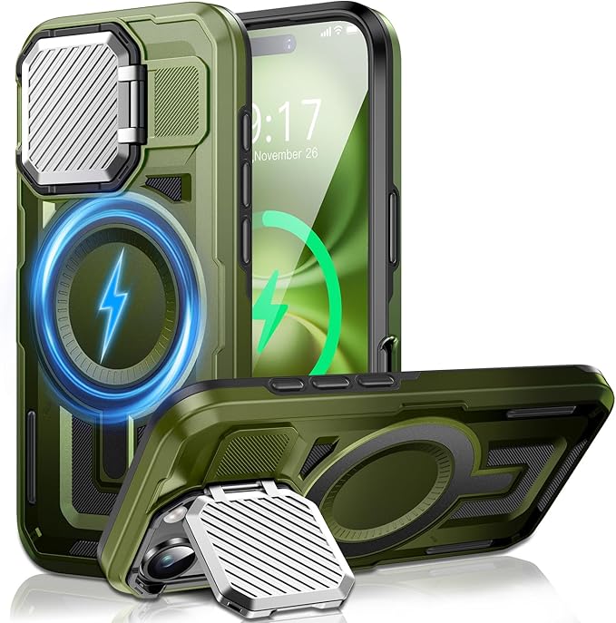 Camera Stand Case for iPhone 16, [Compatible with Mag Safe] [Lens Cover] 2024 Version Military Grade Protective Soft Case for iPhone 16 6.1 inch Men Women, Green