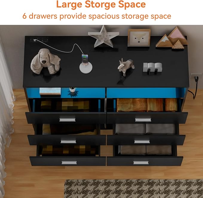 Dresser with Power Outlets and LED Lights Wooden 6 Drawer Dresser with Large Organizer Tall Black Drawer for Bedroom Modern Chest of Drawers Closet for Living Room Kids Room