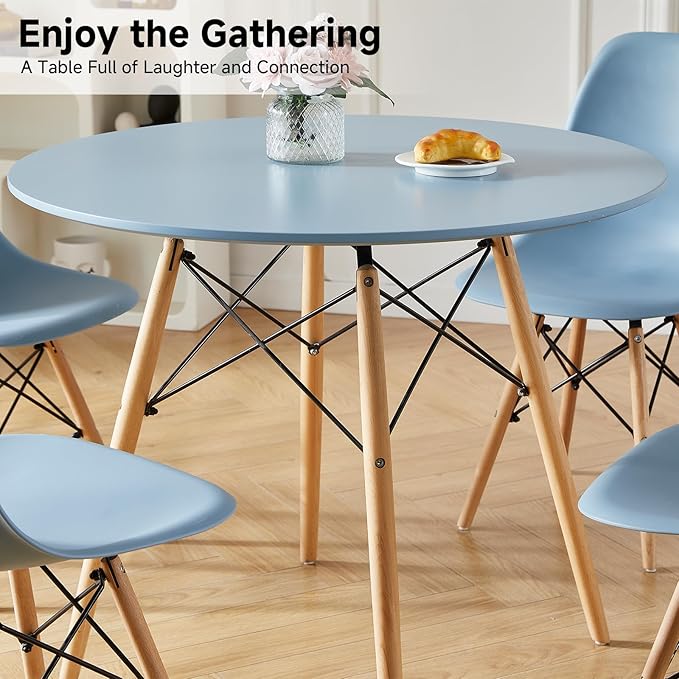 Round Dining Table Set for 4 31.5" Wood Dinner Table Circle Dining Table Kitchen Table Chairs Set of 4 with Wood Strip Base for Kitchen Living Room Space Saving Apartment(Blue)