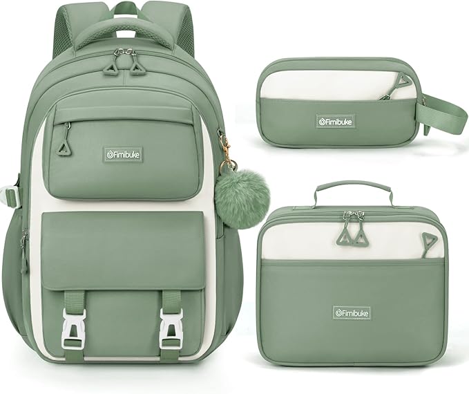 Fimibuke Backpacks for Girls, 3 PCS Waterproof School Backpack with Lunch Box & Pencil Pouch for Kids Teen Girl, Cute Bookbag School Bag for Elementary Middle High School Student Ages 6+(Green)