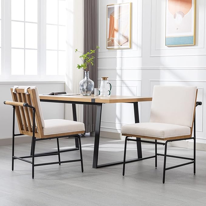 DUOMAY Mid-Century Modern Dining Chairs Set of 6, Linen Upholstered Side Chair with Rear Handle, Armless Chair with Metal Legs for Kitchen Dining Room Living Room Vanity, White