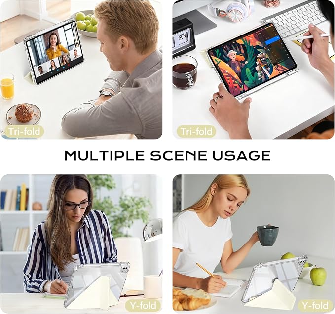 Clear Case for iPad Pro 12.9 inch 6th/5th/4th/3rd Gen with Y-fold &amp Trifold Stand Pencil Holder Support Pencil Charging [Auto Wake/Sleep] Lightweight Shockproof Hard PC Back Cover Black