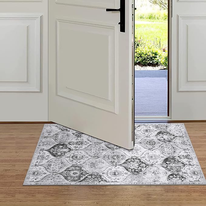 Lahome Moroccan Trellis Washable Rug, 2x3 Kitchen Rugs for Entryway Bathroom, Non-Slip Indoor Door Mat Ultra-Thin, Small Oriental Throw Carpet for Bedroom Entry, Silver/Grey