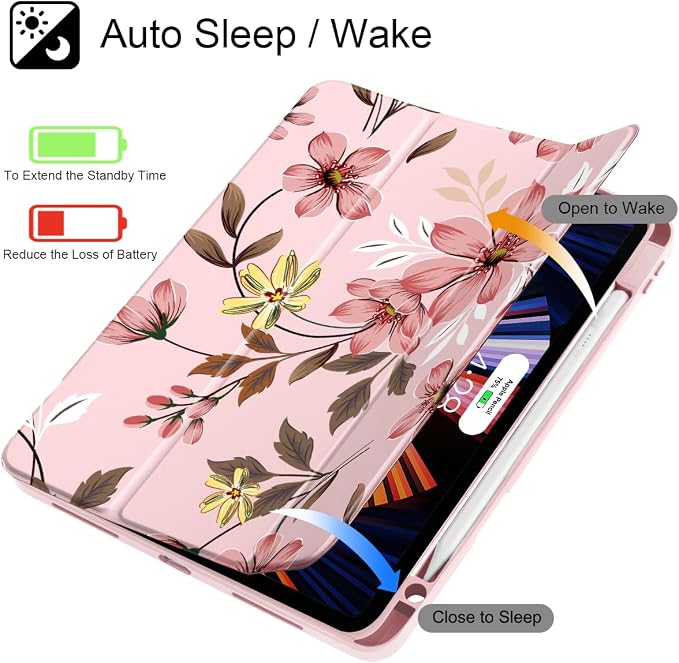 Mektron Case for iPad Pro 11 inch Case M2 2022 Generation 4th Fit 2021 2020 2018 iPad Pro 11 (3rd 2nd &amp 1st Gen) -Buit in Pencil Holder with Shockproof Cover Clear Shell Blue Bows &amp Flower