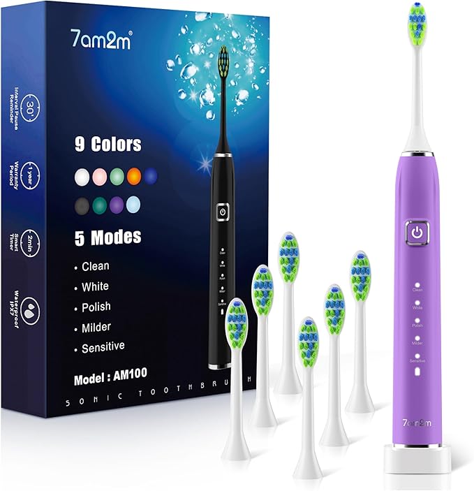 7AM2M Sonic Electric Toothbrush with 6 Brush Heads for Adults&Kids, One Charge for 120 Days, Wireless Fast Charge, 5 Modes, 40000VPM Powered Toothbrush, 2 Minutes Built in Smart Timer - Purple