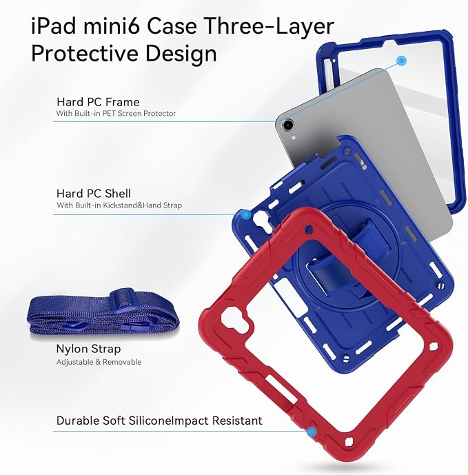 for iPad mini 7 A17 Pro/iPad mini 6 8.3 Inch Case iPad mini 7th/6th Generation Case (2024/2021) with Pencil Holder/Kickstand Hand Strap/Shoulder Strap Black
