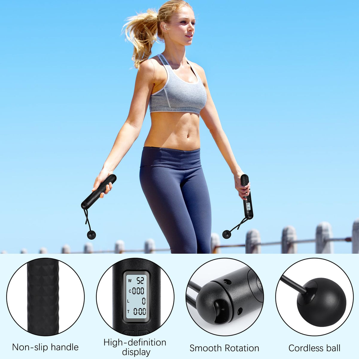 2 In 1 Digital Counting Jump Rope Adjustable Cordless Fitness Skipping Rope