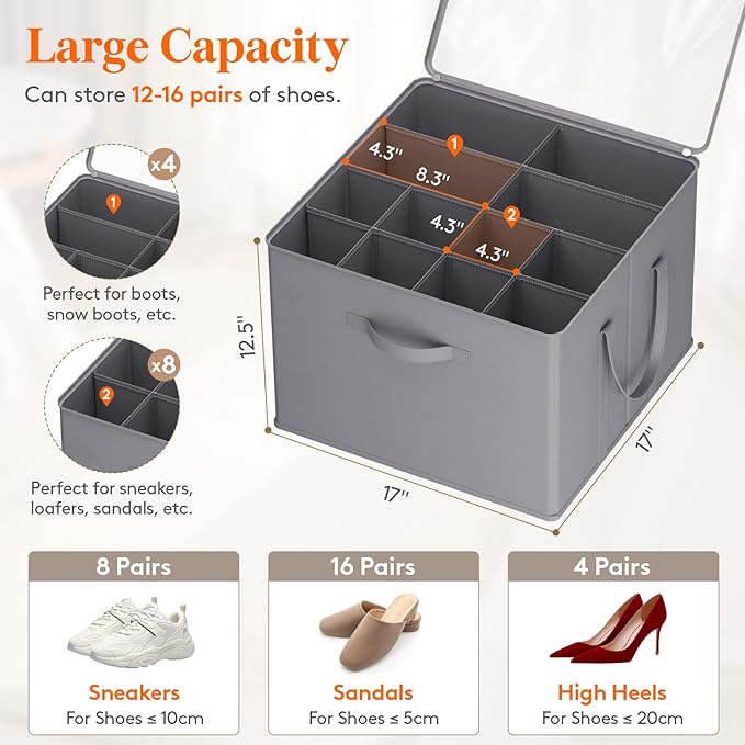 Lifewit Shoe Storage Organizer for Closet, Fabric Large Shoe Box Storage Containers with Clear Cover, Foldable Bins for Boots Heels Sneakers Fits 24-32 Pairs (Each 12-16 Pairs) 2 Pack Gray