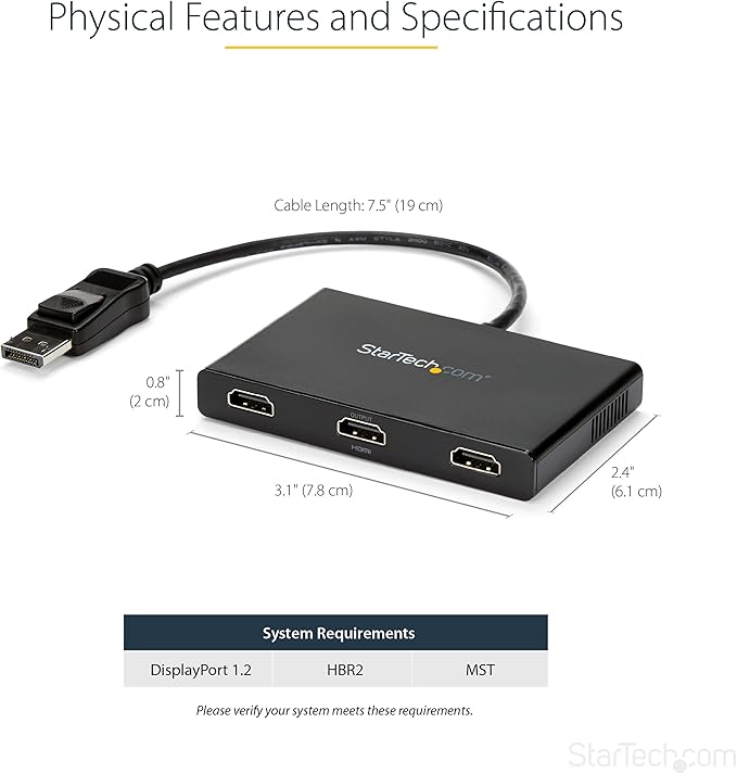 StarTech.com 3-Port Multi Monitor Adapter - DisplayPort 1.2 to 3x HDMI MST Hub - Triple 1080p HDMI Monitors - Video Splitter for Extended Desktop Mode on Windows PCs Only - DP to 3x HDMI (MSTDP123HD)