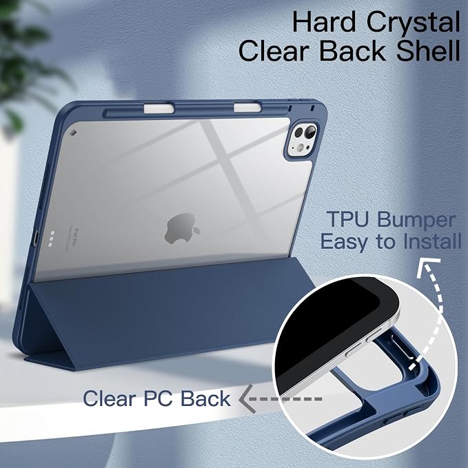 JETech Case for iPad Pro 11 M5/M4 Black | Cover for 2025/2024 Model Clear Transparent Back Pencil Holder Slim Shockproof Protection Tri-Fold Stand Auto Wake/Sleep