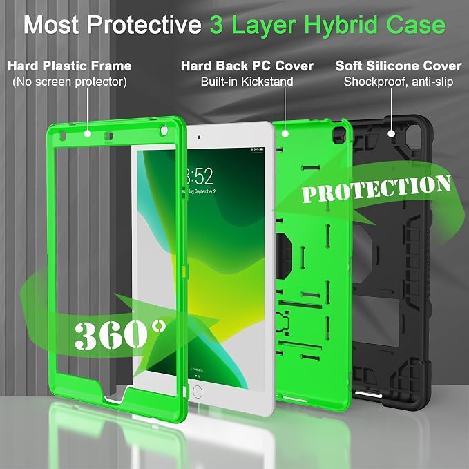 TIMISM Case for iPad 9th/8th/7th Generation(2021/2020/2019) Heavy Duty Military Grade Shockproof Rugged Protective 10.2 Cover with Built-in Stand for iPad 9 8 7 Gen Black+Green