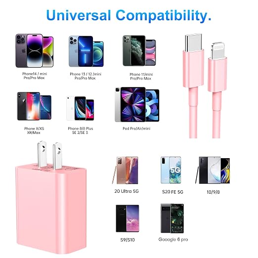 Dayaoncy 20W USB C Wall Charger with 10FT USB C Cable Fast Charging Compatible with iPhone 14/13/12/11 Pink