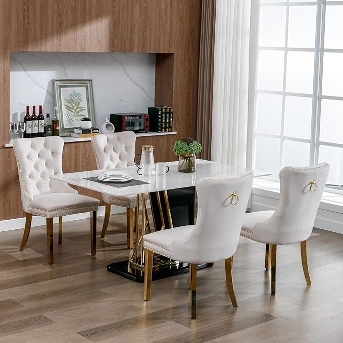 Luxury Upholstered Dining Chairs Set of 2, Beige Kitchen Chair with Golden Metal Legs, Velvet Tufted Back Dining Chair, Sillas de Comedor, Modern Kitchen & Dining Room Chairs (Beige, 2 Pcs)