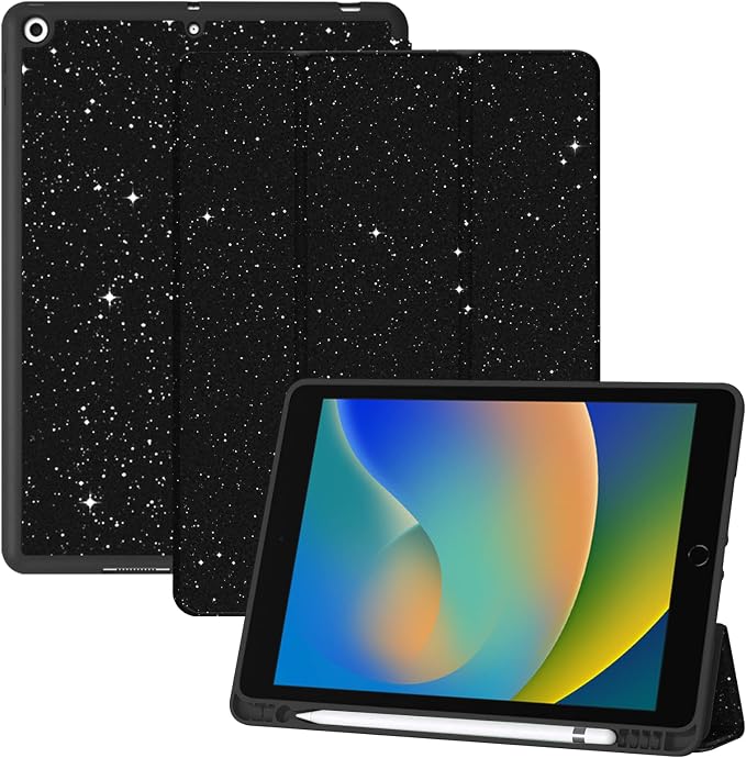 Compatible with iPad 10.2 inch Case 9th /8th /7th Generation Case (2021/2020/2019) Auto Sleep/Wake Cover Cute Abstract Aesthetic Preppy Women Girls-Black Bling Glitter Shiny Sparkly