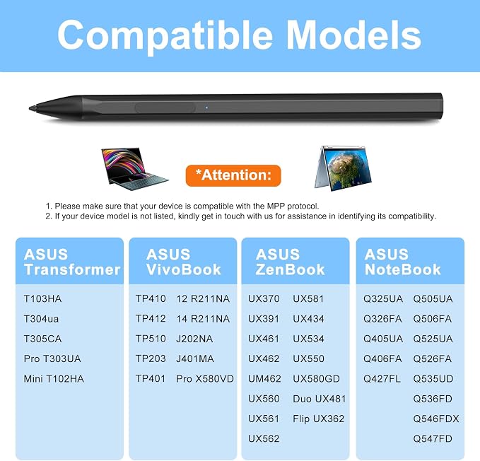ASUS Stylus Pen for Transformer/Vivobook Flip/Notebook Touchscreen Laptop/Tablet - Rechargeable 4096 Pressure Sensitivity Microsoft MPP Protocol Black
