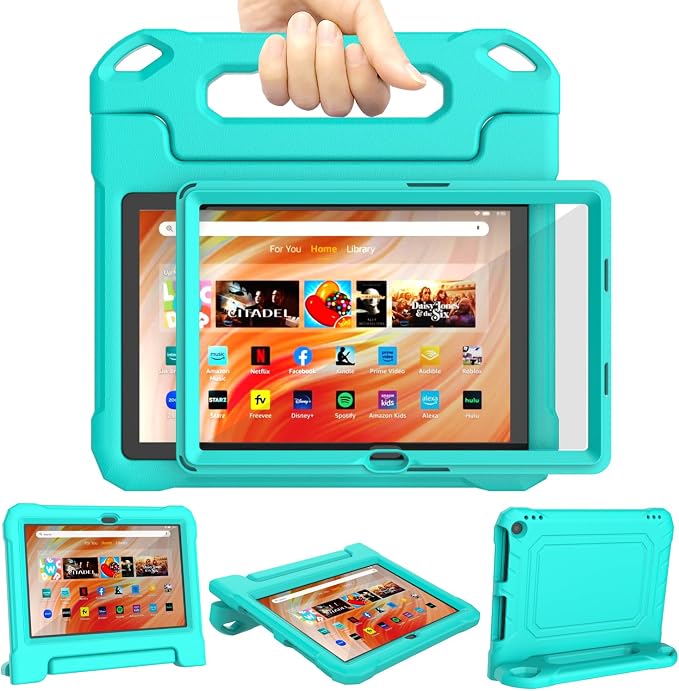 DJ&ampRPPQ Kids Case for 10in Tablet Case for KidsShockproof Kid-Proof Cover with Screen Protector Handle Stand Turquoise