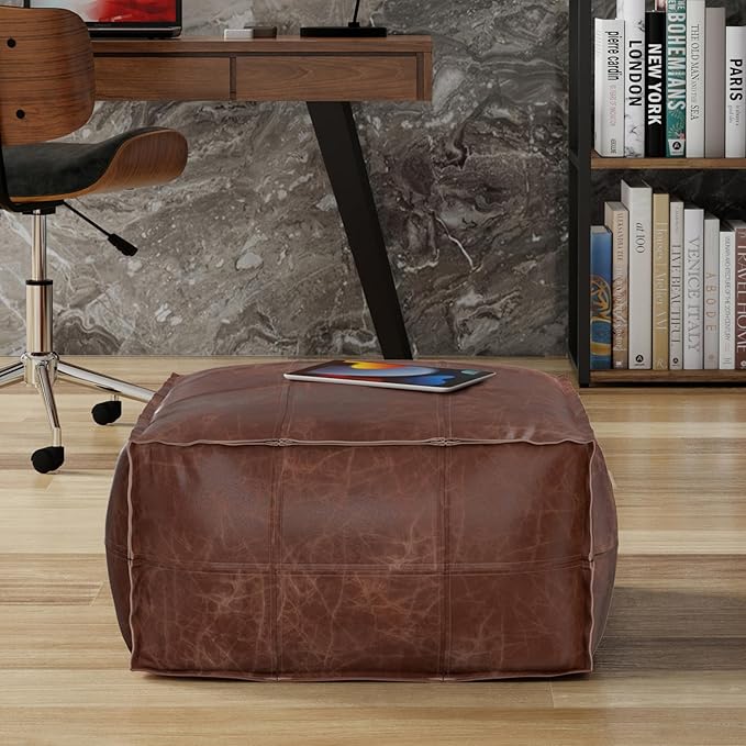SIMPLIHOME Sheffield Coffee Table Pouf - 26 inch Wide Genuine Leather Square Ottoman in Distressed Brown, Boho-Style Footrest, Coffee Table, or Extra Seating for Living Room or Family Room, Assembled