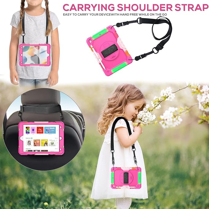BLOSOMEET Case for iPad 9th/8th/7th Generation 2021/2020/2019 10.2 Inch for Kids Girls with Tempered Glass Screen Protector & Pen Holder| iPad 10.2 Case Cover w/Stand Hand Shoulder Strap |Rose