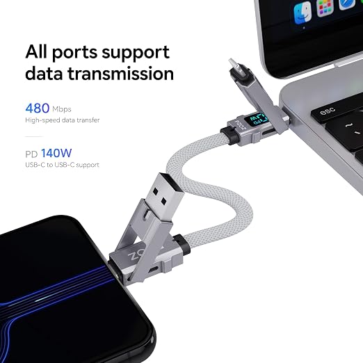 PZOZ 4-in-1 Keychain Charging Cable 60W Fast Charging USB C Cable with LED Display USB A/C to USB C &amp Lightning Portable Short Charger Cord for iPhone 16/15 iPad MacBook Samsung (60W 7.3 in