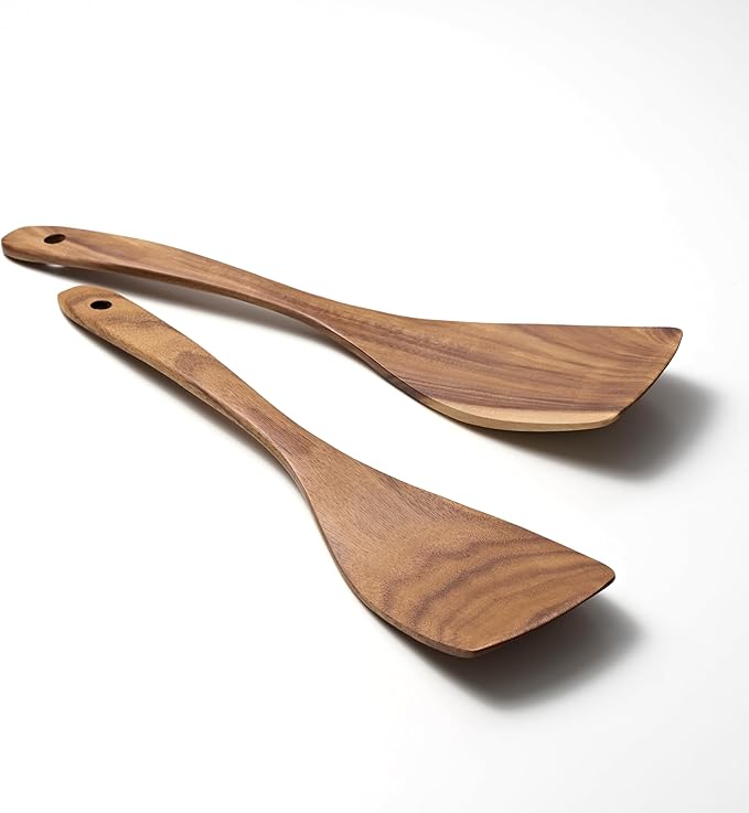 Wooden Spatula for Cooking, 2Pcs Teak Wooden Utensil Set, Bamboo Spatulas for Cooking, Teak Cooking Utensils, Wood Turner