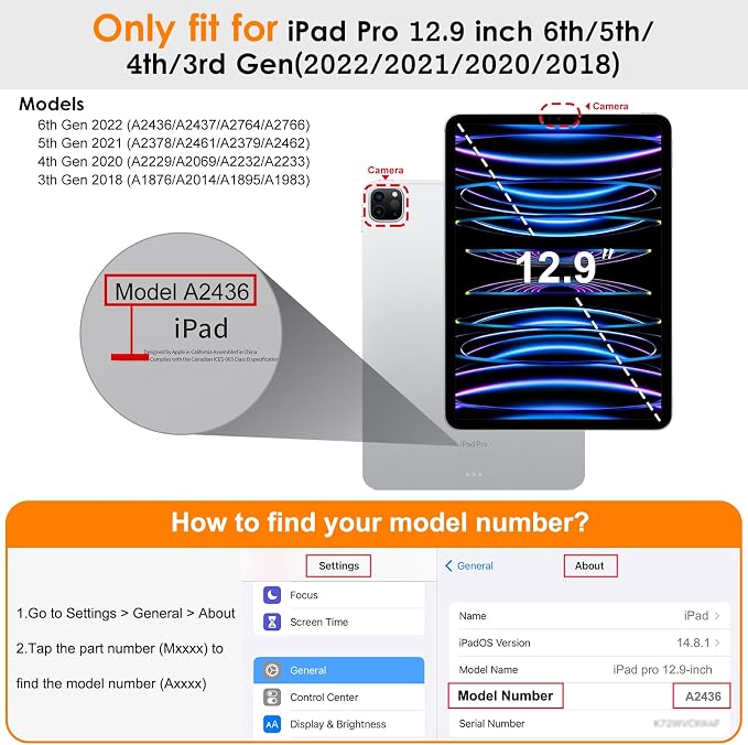DTTO for iPad Pro 12.9 6th/5th/4th Gen Case (2022/2021/2020) Black | 360 Degree Rotating Premium Faux Leather Folio Stand Cover with Pencil Holder for iPad Pro 12.9 3rd Generation Case 2018