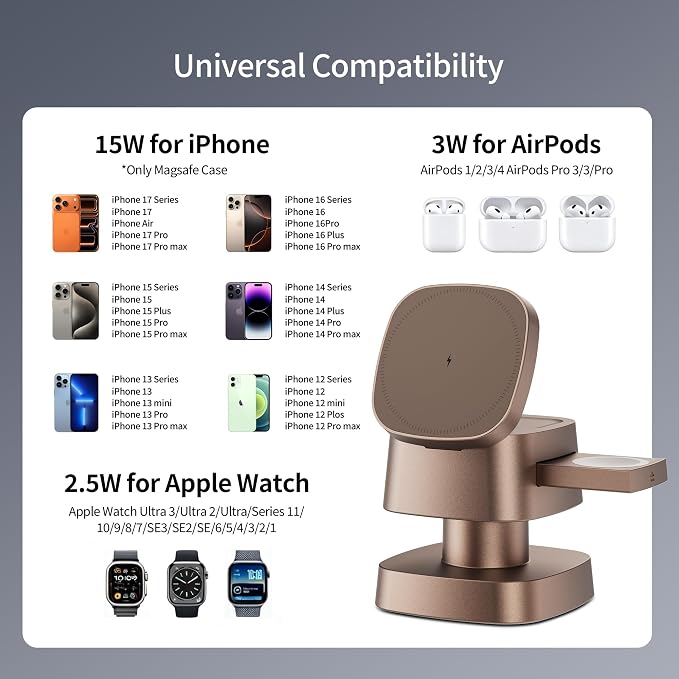 4 in 1 Magnetic Wireless Charging Station15W Fast Charging with Night Light for MagSafe Charger Stand3 in 1 Wireless Charger for iPhone 17/16/15/14/13 Pro MaxApple Watch &amp AirPodsSand Gold