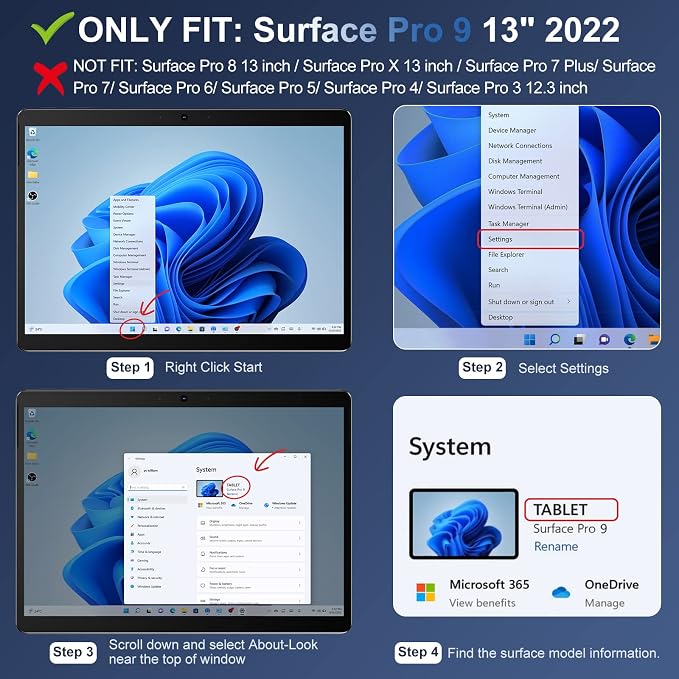 INFILAND Surface Pro 11/10/9 Case Crystal Clear Multi-Angle Shockproof for Microsoft Surface Pro 11th Edition AI 2024 Work with Surface Pro Signature Keyboard &amp Slim Pen 2 Mysterious Black