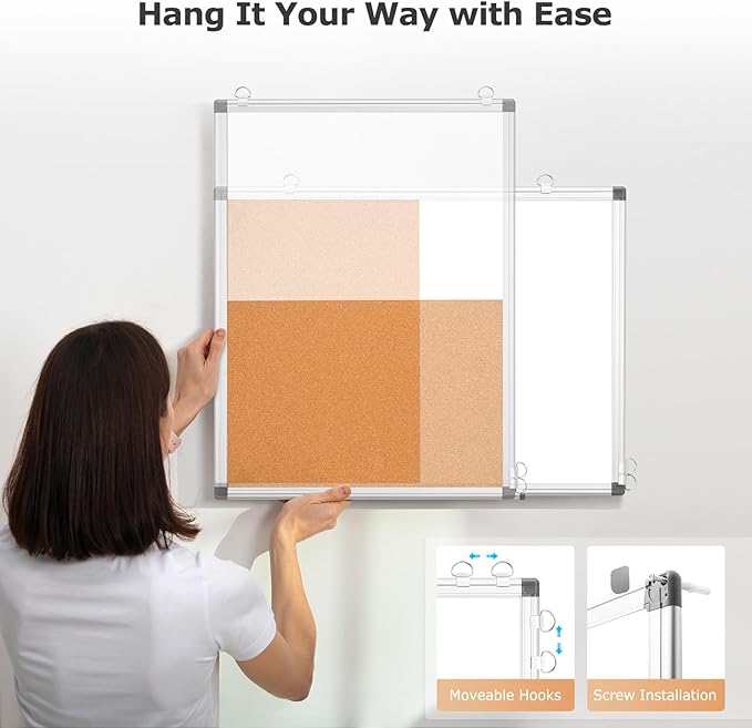 WALGLASS Combination Magnetic Whiteboard & Corkboard, 20"x30" Combo for School, Office & Home, Dry Erase Board with Removable Tray, Pins, Eraser, Markers & Magnets