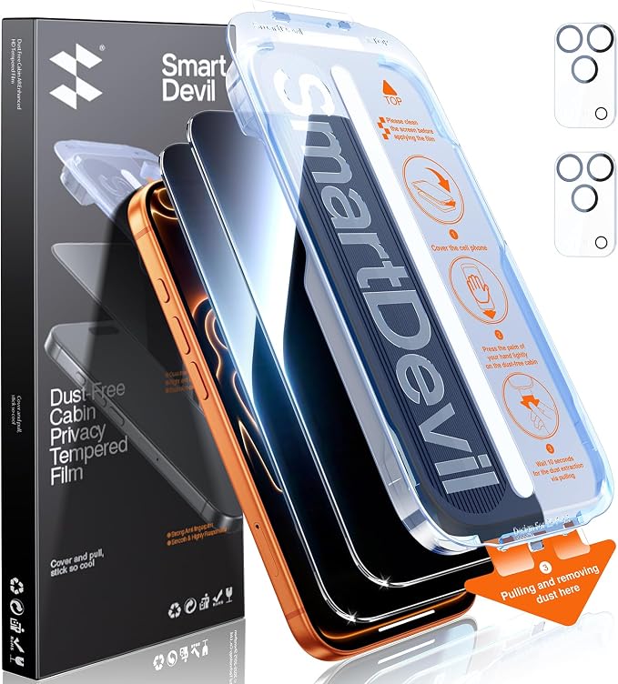 SMARTDEVIL (3+3 Pack HD Clear Screen Protector for iPhone 14 Pro Max with 3 Camera Lens Protectors 9H Tempered Glass Shatter-Resistant SmartPull Dust &amp Bubble-Free Install Frame Case-Friendly
