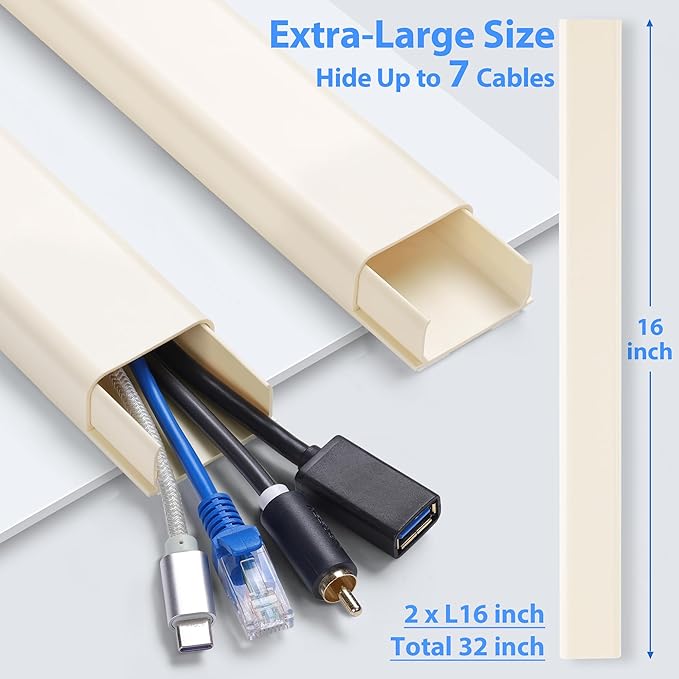 Wire Cover for Wall Mount TV, 32in(2xL16in) Wall Cord Cover, X-Large TV Cable Hider Hide Cords Wall Mounted TV, Cord Hider Wall, Wall Cable Cover Cable Raceway Beige W1.54in x H0.75in