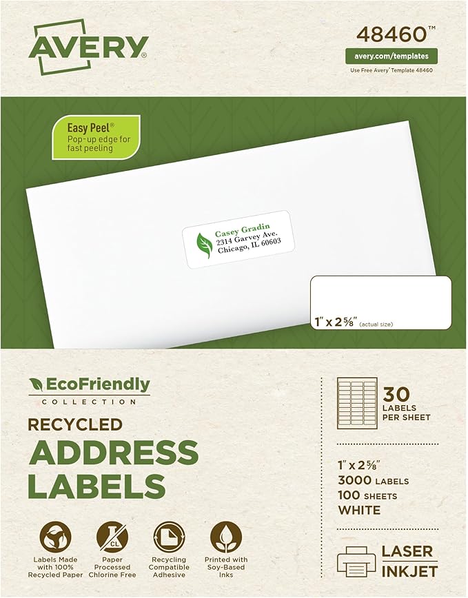 Avery EcoFriendly Recycled Address Labels, 1" x 2-5/8", White, Permanent Label Adhesive, 3,000 Printable Labels (48460)