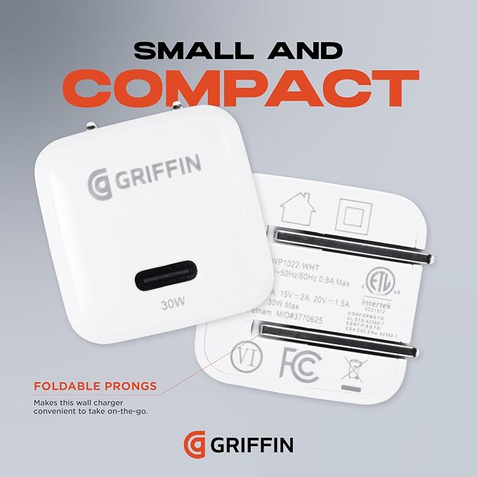 Griffin 30W GaN USB-C Wall Charger Compact Foldable Plug Fast USB-C Adapter for Phones Tablets and More
