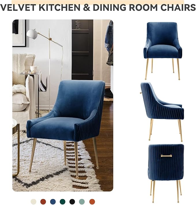 Dining Chairs, Accent Chairs Set of 8, Modern Upholstered Kitchen Dining Chairs with Gold Legs, Fabric Tufted Velvet Living Room Chairs for Reception Room Bedroom Kitchen(Navy Blue)