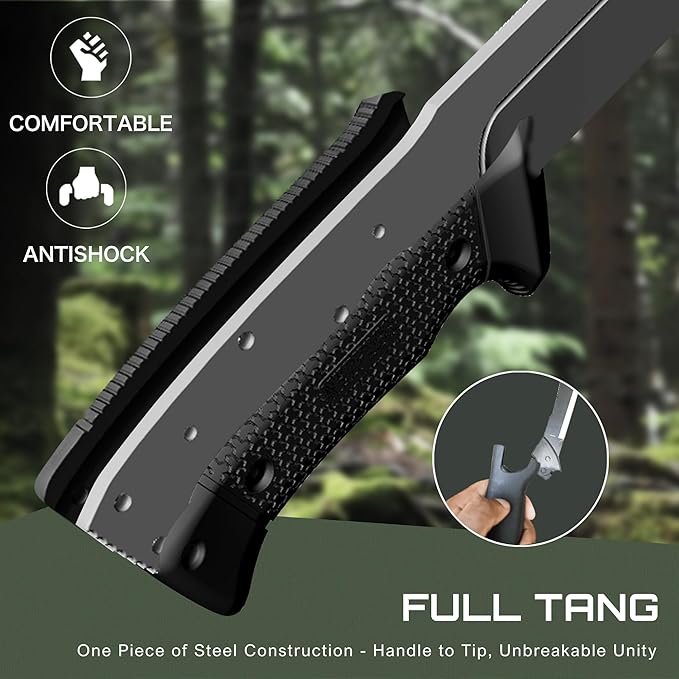 NedFoss 16" Survival Machete with Sheath, D2 Steel 0.22" Thick Full Tang Blade Machete Knife with Flat Grinding, Machete for Cutting Trees, for Yard Work, Clearing Brush with TPE Handle