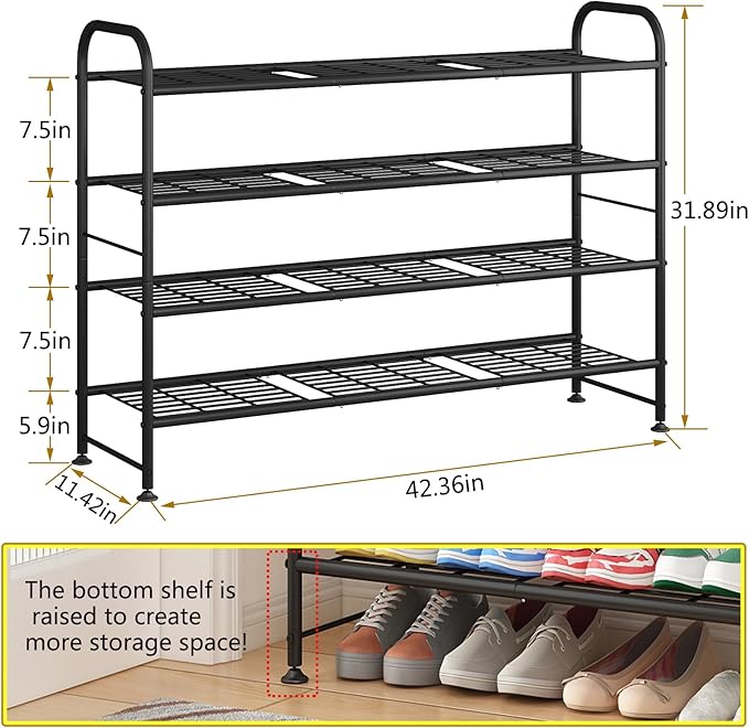 LINZINAR Shoe Rack Long 4 Tier Shoe Storage Organizer Metal Wide Shoe Shelf for Closet Entryway Bedroom 24 Paris Large Capacity, Gold Black