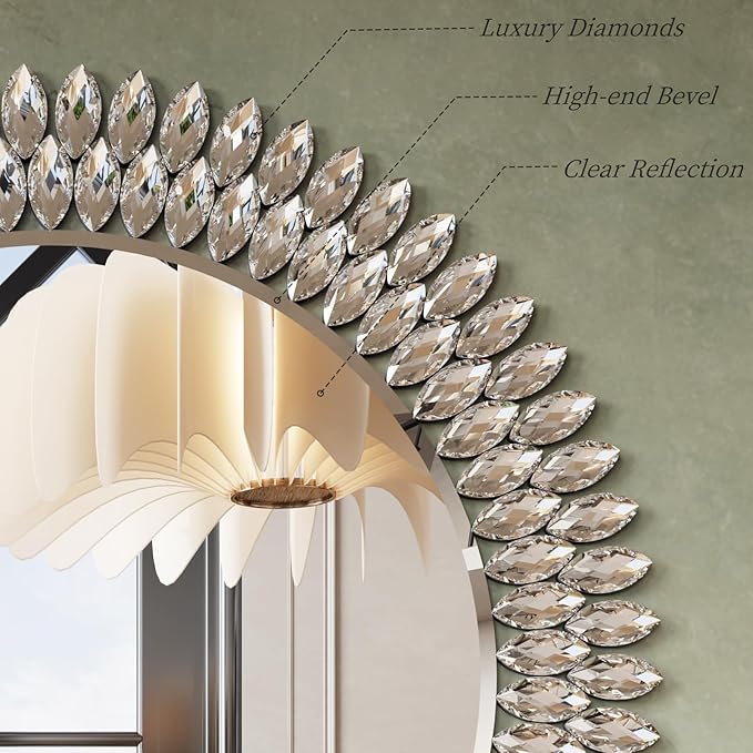 Kelly Miller Jeweled Mirror for Wall, 28 Inch Round Luxury Mirror with Sparkling Diamonds Beveled Modern Wall Decor for Bathroom, Living Room, Bedroom, Hallway