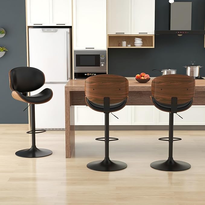 KCC Bar Stools, Swivel Adjustable Height Barstools, PU Leather Upholstered Bar Chairs with Footrest, Bentwood Bar Stool for Kitchen, Bar, Dining Room(Black PU)