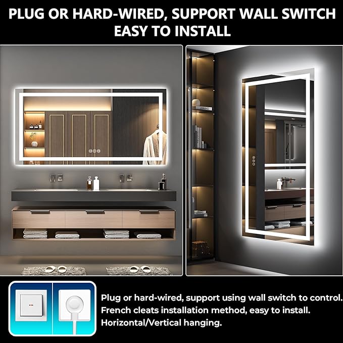 YEELAIT 72x36 Inch LED Bathroom Mirror with Lights Front and Backlit Lighted Vanity Mirror for Bathroom Wall with 3 Colors Dimmable Anti-Fog Memory Shatter-Proof IP54 Waterproof Horizontal/Vertical