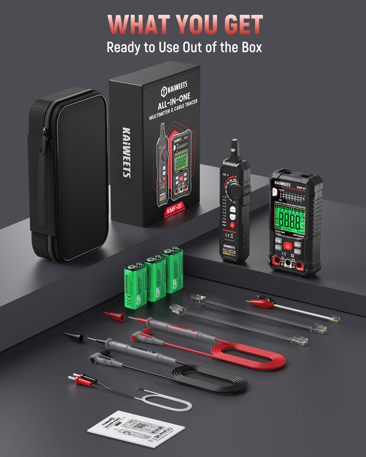 KAIWEETS 3-in-1 Multimeter & Cable Tracer Kit, Auto-Ranging Digital Multimeter with True RMS 4000 Counts, RJ45/RJ11 Wire Tracing & NCV Voltage Detector for Electricians, Home DIY & Auto Repair KMF-01