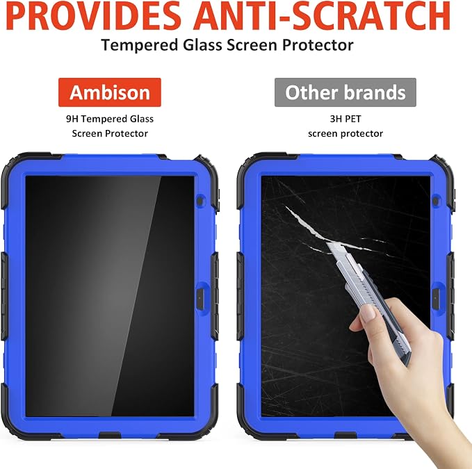 Ambison Case for iPad (A16) 11th/10th Generation 11''/10.9'' Black | Hand Strap 9H Tempered Glass Screen Protector Rotating Stand Shoulder Strap Heavy Duty Shockproof Pencil Holder