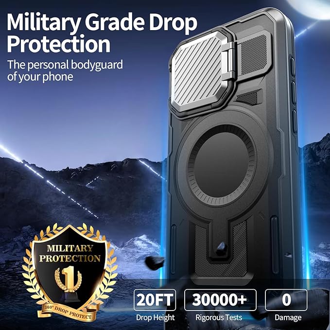 Camera Stand Case for iPhone 15 Plus, [Compatible with Mag Safe] [Lens Cover] 2024 Version Military Grade Protective Soft Case for iPhone 15 Plus 6.7 inch Men Women, Black