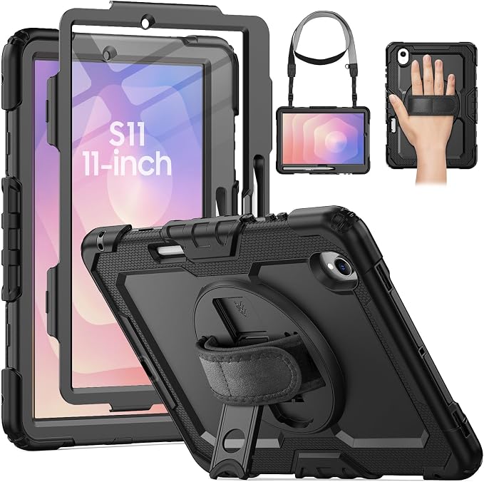 HXCASEAC Case for Samsung Galaxy Tab S10+ Plus / S9 Fe+ / S9+ 5G 12.4 inch Protective with Screen Protector/S Pen Holder/ 360 Rotating Stand Hand Strap - Black