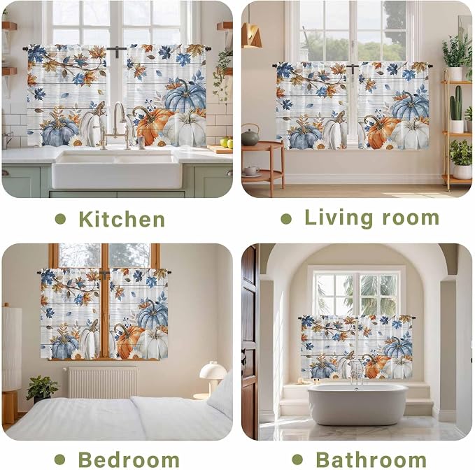 Thanksgiving Pumpkin Kitchen Curtains 54 Inch Long 2 Panel Set, Rod Pocket